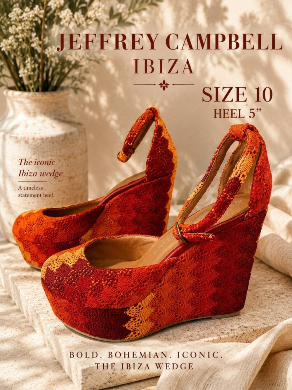 Jeffrey Campbell Ibiza Lace Platform Wedge Heels Size 10 Boho Festival Statement - Picture 1 of 12